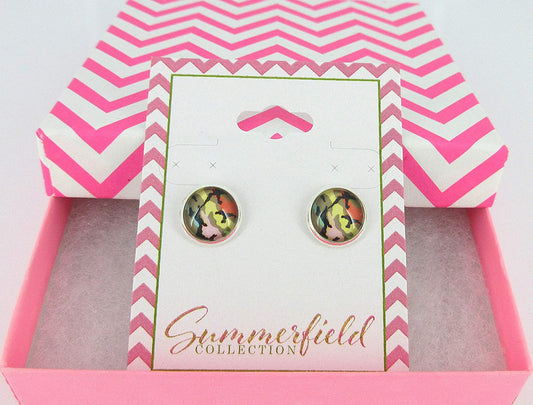 Silver-tone Rainbow Camo Print Glass Stud Earrings 10mm