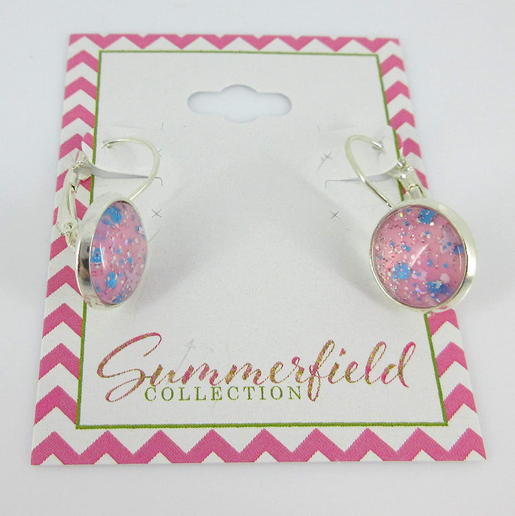 Silver-tone Pink Glitter Glass Galaxy Drop Earrings Leverback Hand-painted