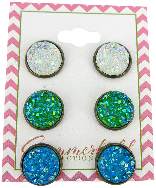 Trio Antiqued Gold-tone Stud Earrings Faux Druzy Stone Clear AB Sea Blue Green Set 12mm