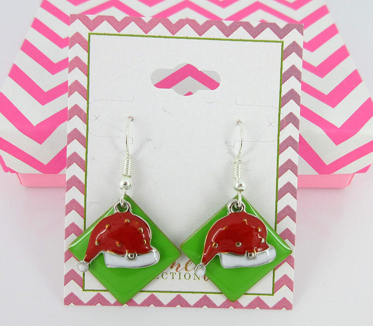 Silver-tone Green Enamel Santa Hat Charm Dangle Earrings