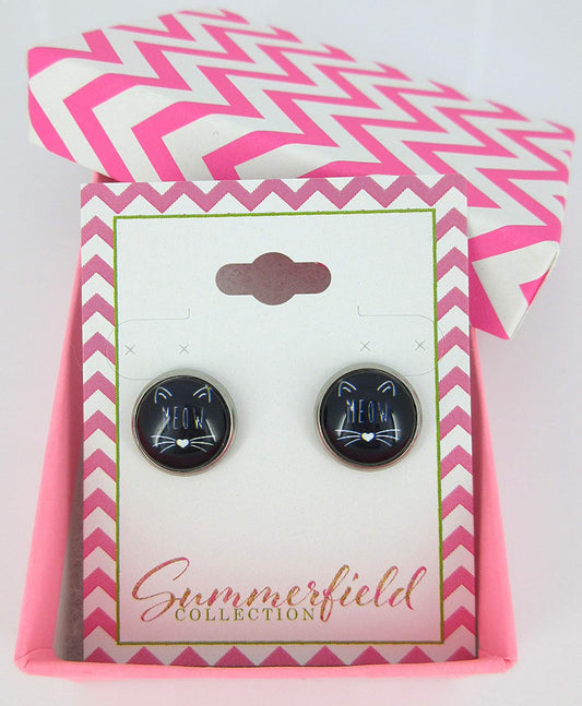Stainless Steel Black Cat Face Print Glass Stud Earrings 12mm