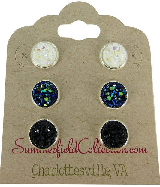 Trio Silver-tone Stud Earrings 8mm Faux Druzy Stone Set