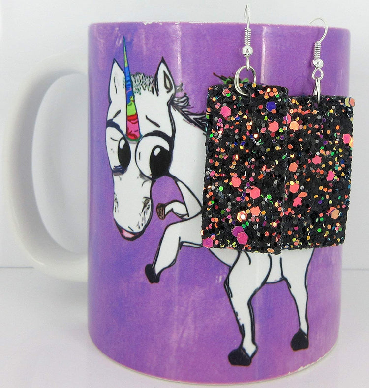 Black and Rainbow Glitter Faux Leather Large Rectangle Dangle Earrings