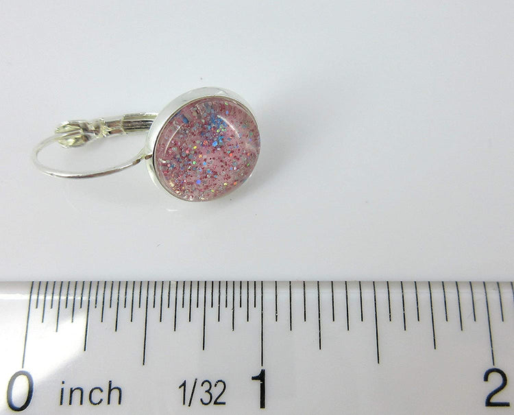 Silver-tone Pink Glitter Glass Galaxy Drop Earrings Leverback Hand-painted