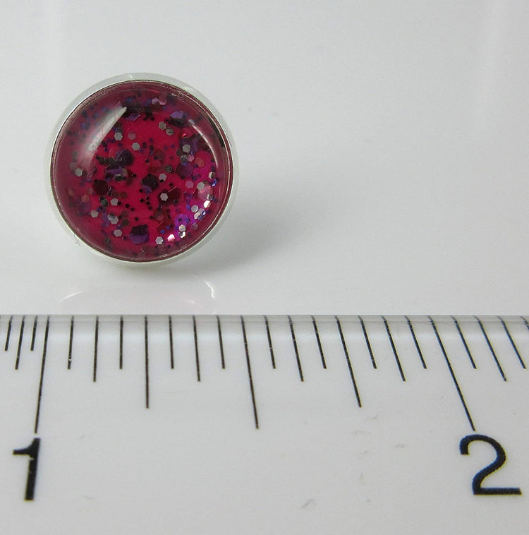 Silver-tone Fuchsia Pink and Purple Glitter Glass Stud Earrings Hand-painted 12mm