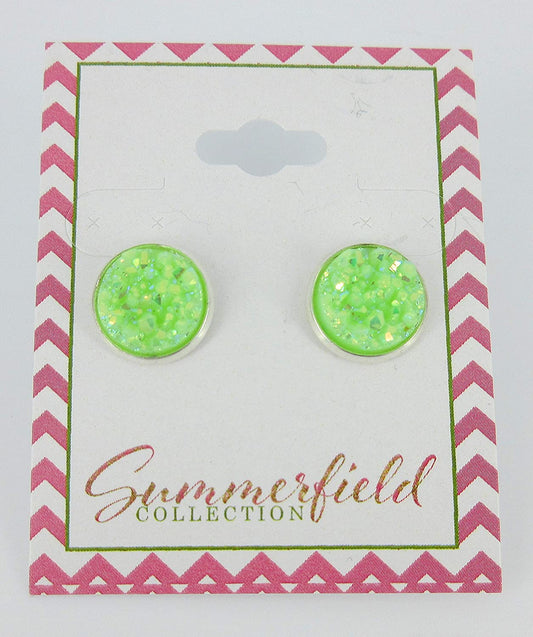 Silver-tone Lime Green AB Faux Druzy Stone Stud Earrings 12mm