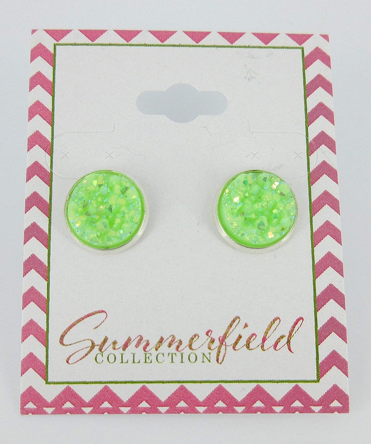 Silver-tone Lime Green AB Faux Druzy Stone Stud Earrings 12mm
