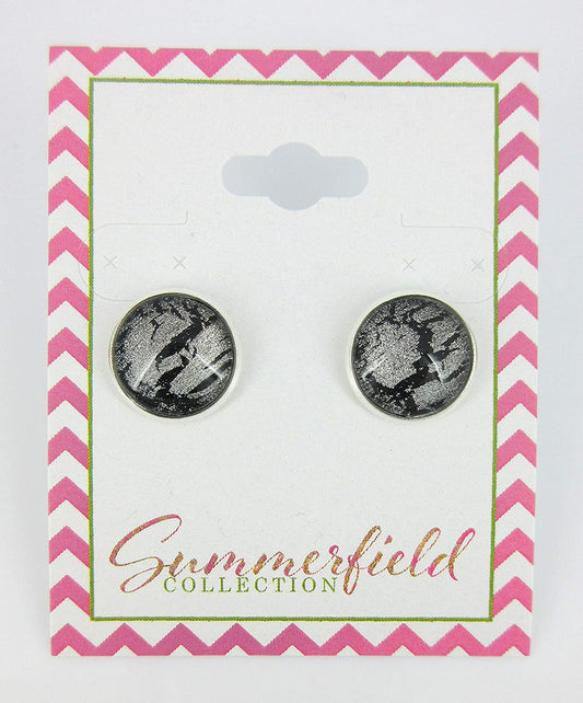 Silver-tone Black Shattered Glitter Glass Stud Earrings Hand-painted 12mm