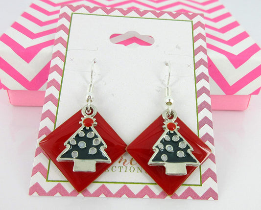 Silver-tone Red Enamel Christmas Tree Charm Dangle Earrings