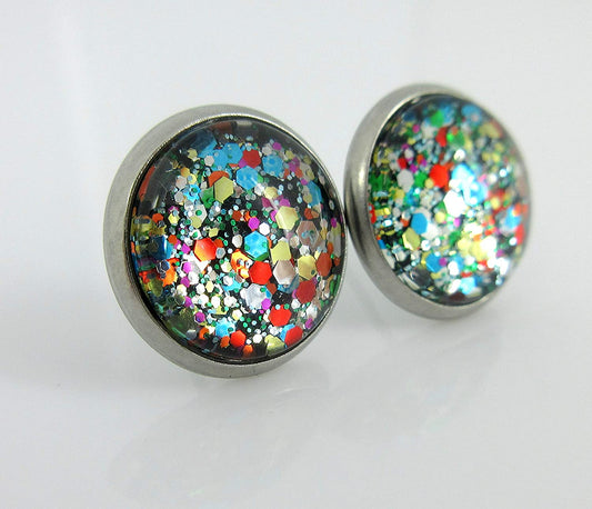 Stainless Steel Multi Color Party Confetti Glitter Glass Stud Earrings Hand-painted 12mm