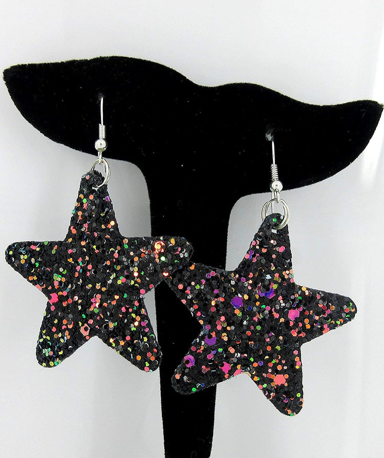 Black and Rainbow Glitter Faux Leather Large Star Dangle Earrings
