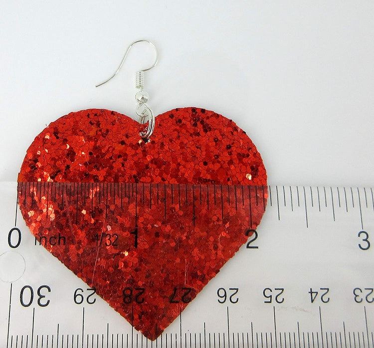 Red Glitter Faux Leather Large Heart Dangle Earrings