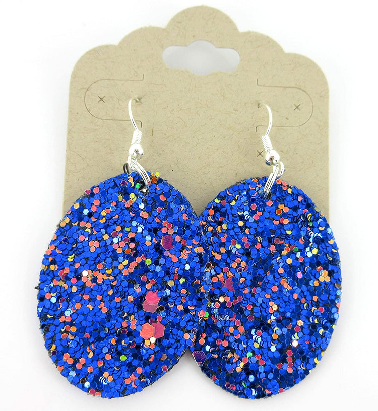 Blue with Pink and Black Glitter Faux Leather Oval Dangle Earrings