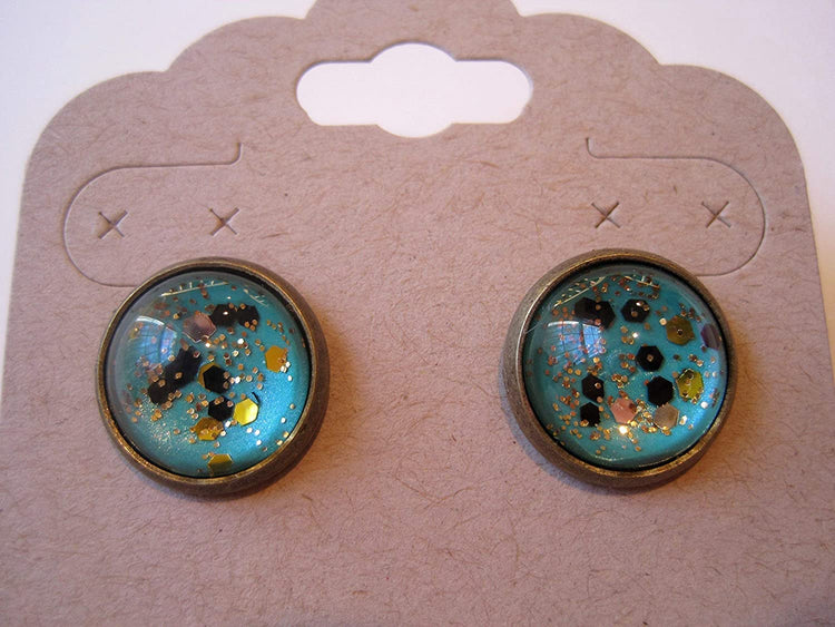 Antiqued Gold-tone Mint Green and Black Glitter Glass Stud Earrings Hand-painted 12mm