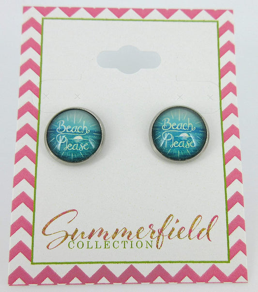 Stainless Steel Beach Please Print Glass Stud Earrings 12mm