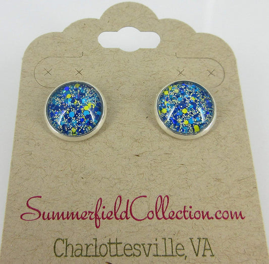 Silver-tone Blue Yellow Holographic Glitter Glass Stud Earrings Hand-painted 12mm