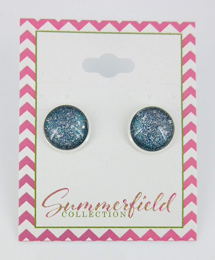 Silver-tone Twinkle Glitter Glass Galaxy Stud Earrings Hand-painted 12mm