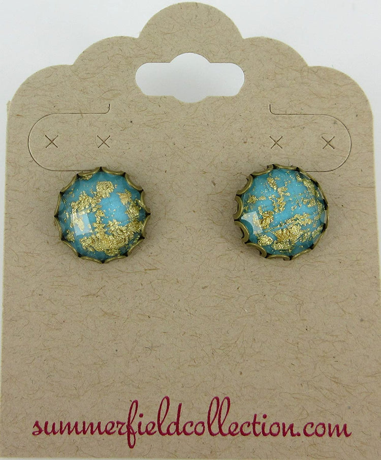 Antiqued Gold-tone Aqua Blue Faceted Resin Leaf Foil Stud Earrings 12mm