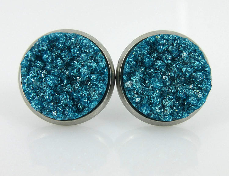 Duo Stud Earrings Stainless Steel Lilac Purple and Aqua Blue Glitter Faux Druzy Stone 12mm Set