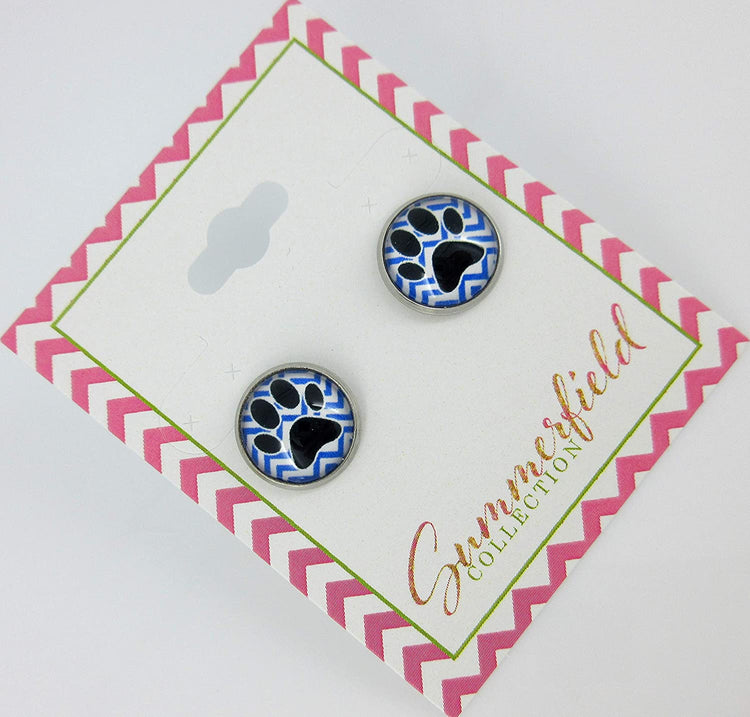 Stainless Steel Chevron and Black Paw Print Glass Stud Earrings 12mm