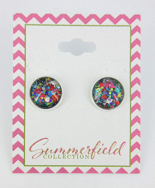 Silver-Tone Black and Multi-Color Confetti Glitter Glass Stud Earrings 1/2" Round
