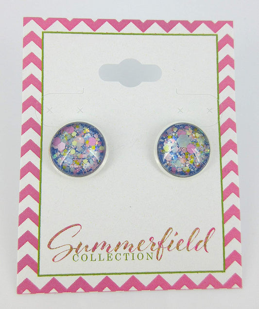 Silver-Tone Blue Pastel Periwinkle Glitter Glass Stud Earrings 1/2" Round