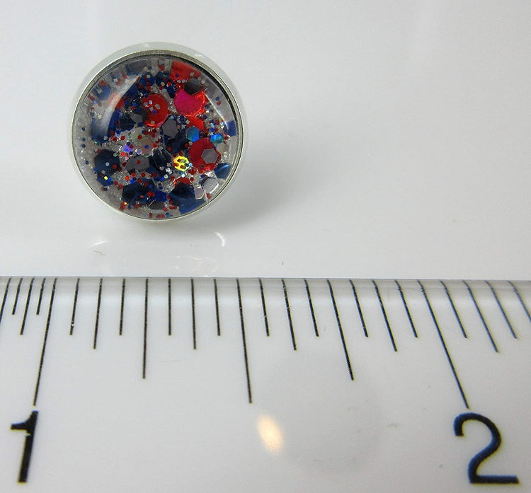 Silver-tone Patriotic Glitter Glass Stud Earrings Hand-painted 12mm
