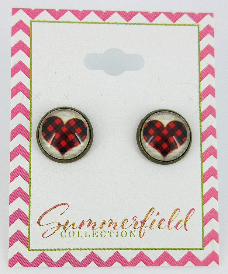 Antiqued Gold-tone Buffalo Plaid Heart Print Glass Stud Earrings 12mm