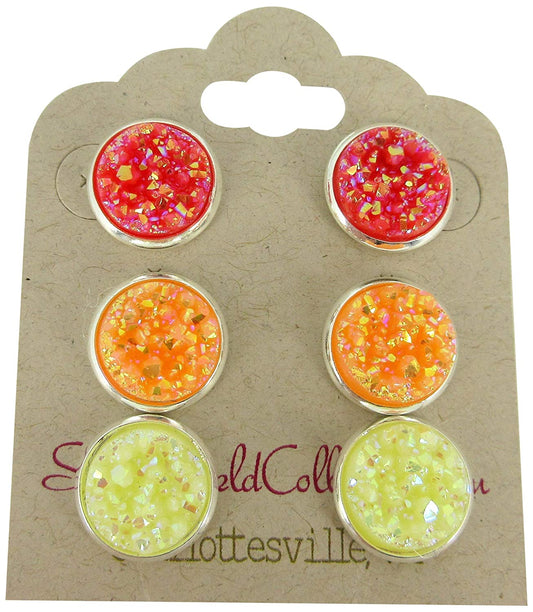 Sunset Trio Silver-tone Stud Earrings 12mm Red Orange Yellow AB Faux Druzy Stone Set