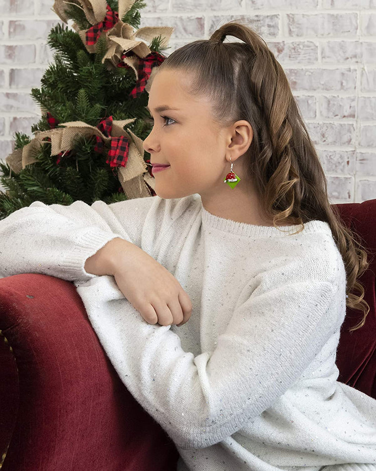 Silver-tone Green Enamel Santa Hat Charm Dangle Earrings