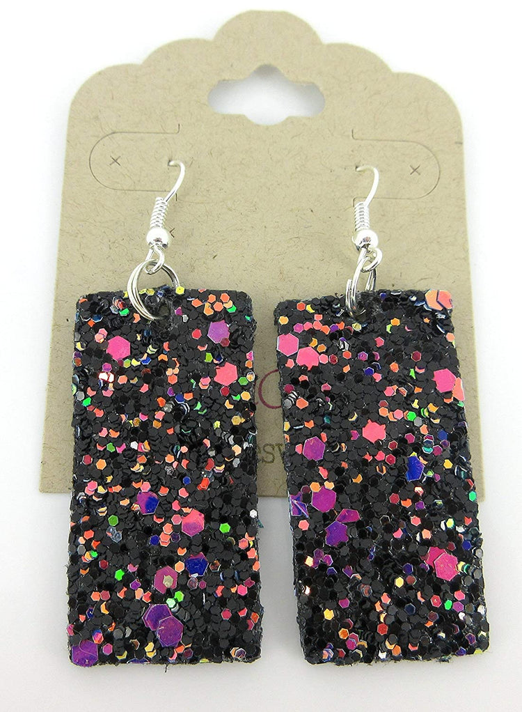 Black and Rainbow Glitter Faux Leather Large Rectangle Dangle Earrings