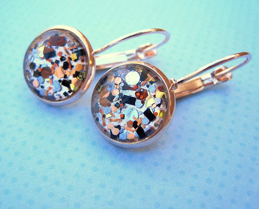 Rose Gold-Tone Pearly Silver and Black Glitter Glass Drop Earrings