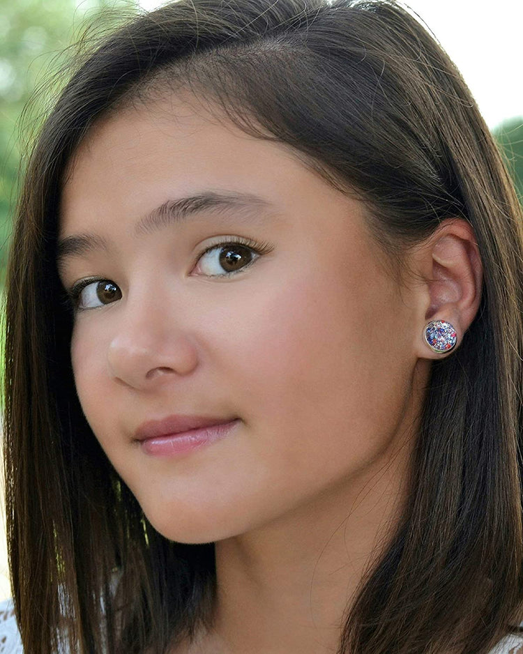 Silver-tone Patriotic Glitter Glass Stud Earrings Hand-painted 12mm