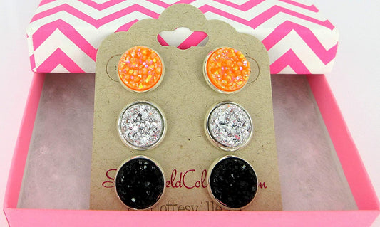 Trio Silver-tone Stud Earrings Faux Druzy Stone Orange AB Black Set 12mm