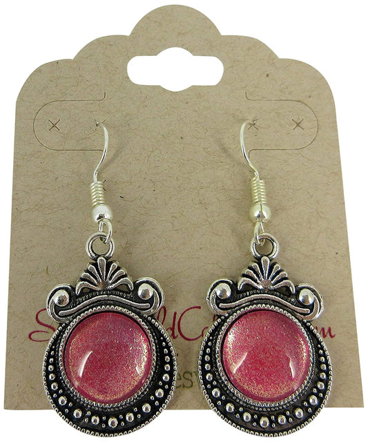 Antiqued Silver-tone Pink Shimmer Glitter Glass Dangle Earrings Hand-painted