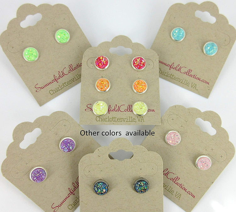 Silver-tone Pastel AB Faux Druzy Stone Stud Earrings 8mm (Aqua Blue)