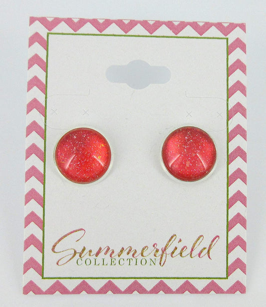 Silver-tone Coral Iridescent Glitter Glass Stud Earrings Hand-painted 12mm