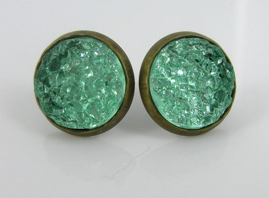 Trio Stud Earrings Seafoam Clear AB Faux Druzy Stone Yellow Mermaid Scale Set 12mm