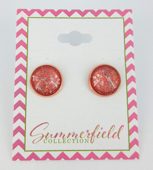 Rose Gold-tone Blush Pink Glitter Glass Stud Earrings Hand-painted 12mm