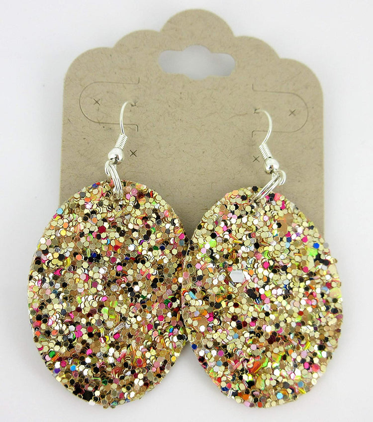 Gold and Rainbow Glitter Faux Leather Oval Dangle Earrings