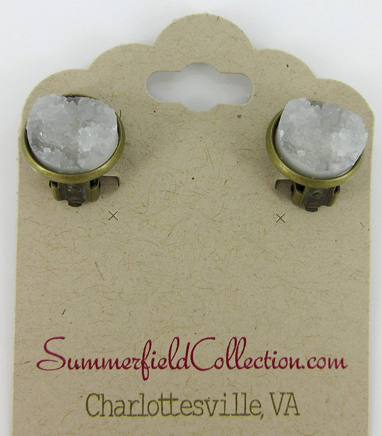 CLIP-ON Antiqued Gold-tone Faux Druzy Stone Stud Earrings 12mm (Clear)
