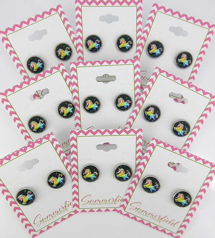 Stainless Steel Rainbow Unicorn Black Print Glass Stud Earrings 12mm