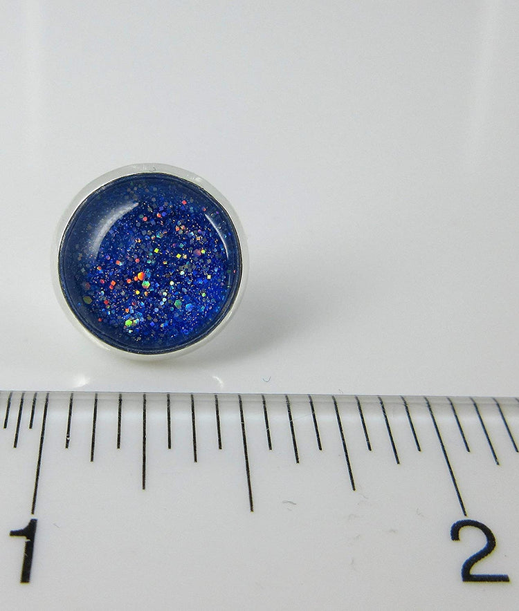 Silver-tone Cobalt Blue Holographic Glitter Glass Stud Earrings Hand-painted 12mm