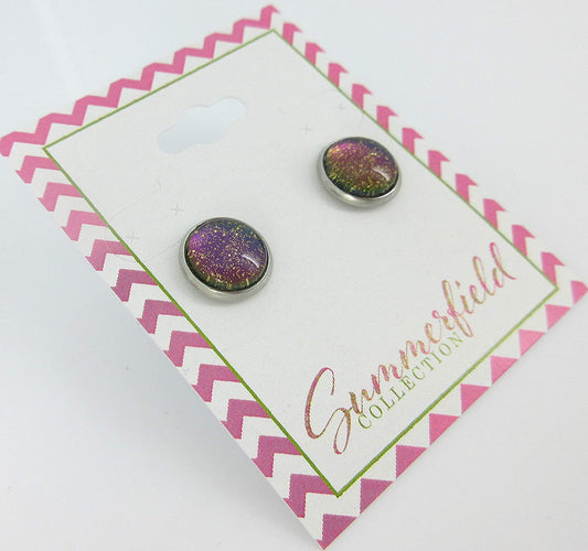 Stainless Steel Blue Purple Gray Glitter Glass Stud Earrings Hand-painted 10mm