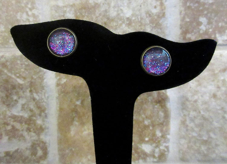 Antiqued Gold-tone Blue Purple Pink Glitter Glass Stud Earrings Hand-painted