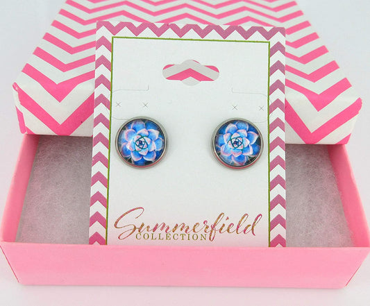 Stainless Steel Pink and Blue Succulent Plant Print Glass Stud Earrings 12mm