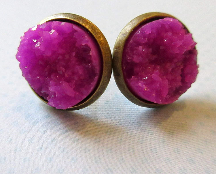 Antiqued Gold-tone Faux Druzy Stone Stud Earrings 12mm