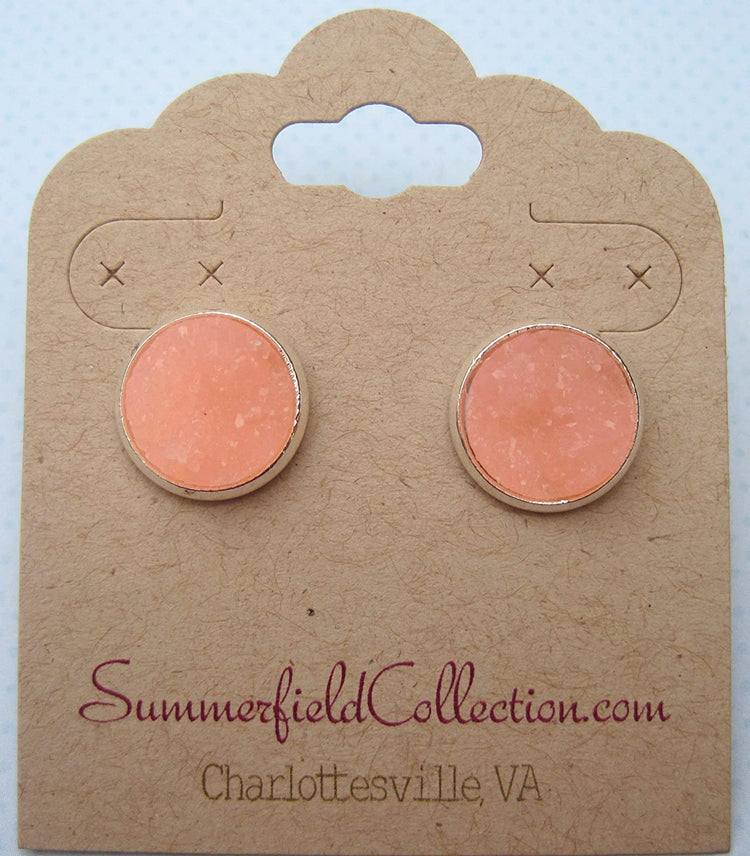 Silver-tone Peach Pink Faux Druzy Stone Stud Earrings 12mm