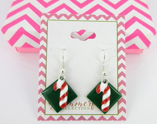 Silver-tone Green Enamel Candy Cane Charm Dangle Earrings