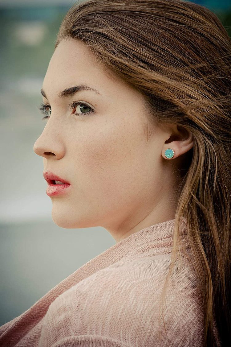 Silver-tone Pastel AB Faux Druzy Stone Stud Earrings 8mm (Aqua Blue)